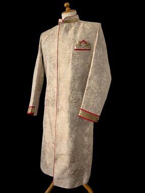 Mens Sherwani Wedding Coat 44 / M Champagne Gold Red Trim Handmade Paisley Lined